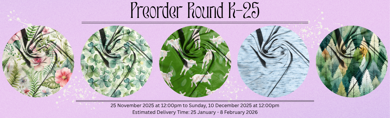Promotional banner for preorder with fabric swatches and delivery information on a pink background